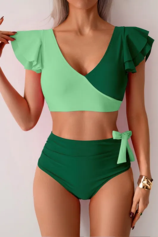 V Neck Two Piece Ruffled High Waisted Swimsuit sold by Gigi Laurent