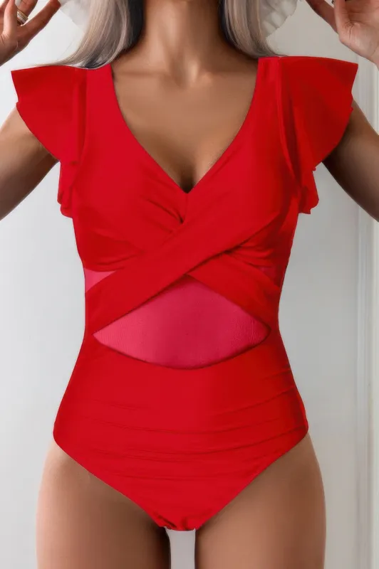 Ruffle Sleeves Deep V Neck Cross Lace Swimsuit sold by Gigi Laurent