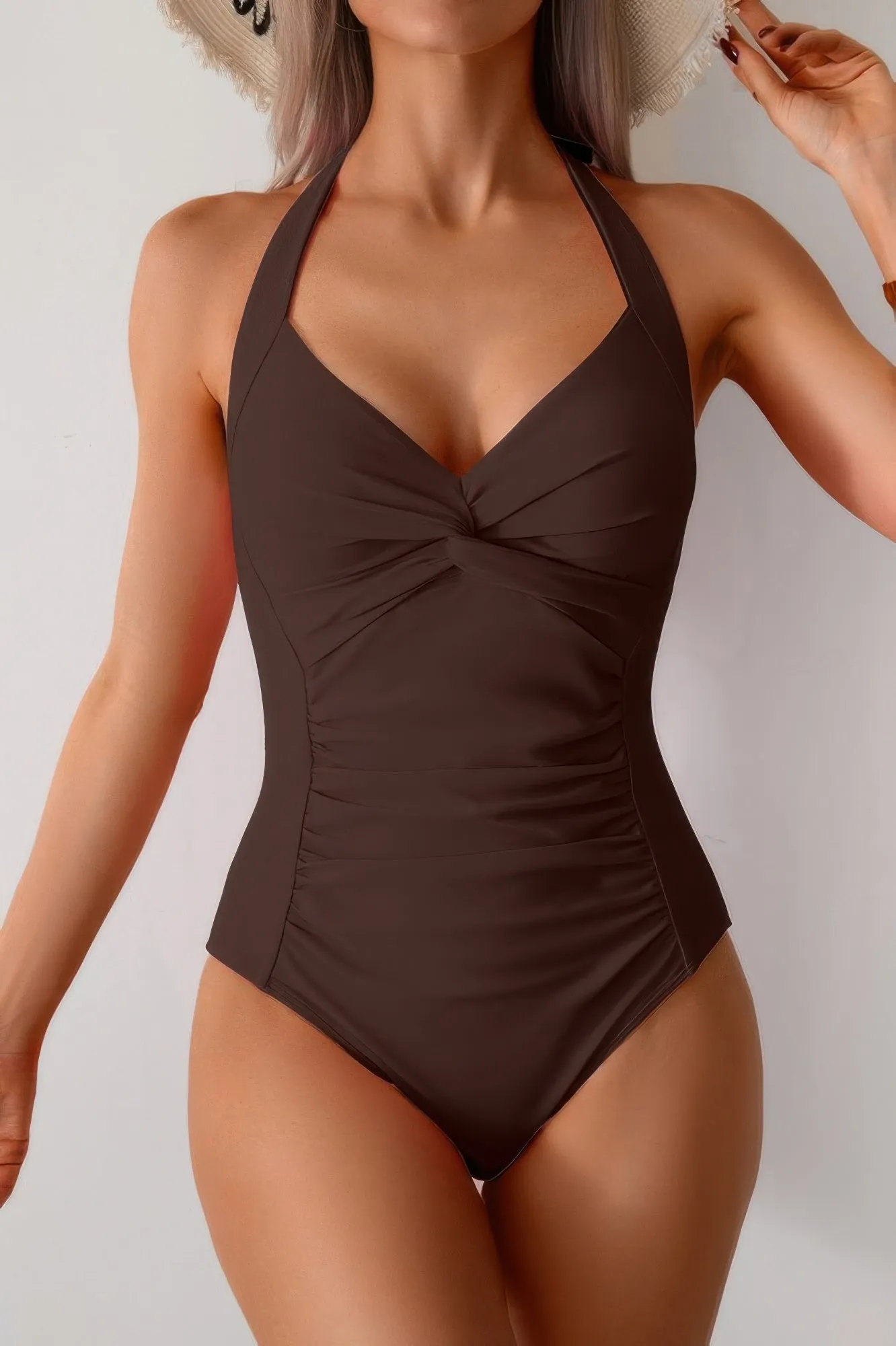 V Neck Halter One Piece Ruched Backless Swimsuit sold by Gigi Laurent