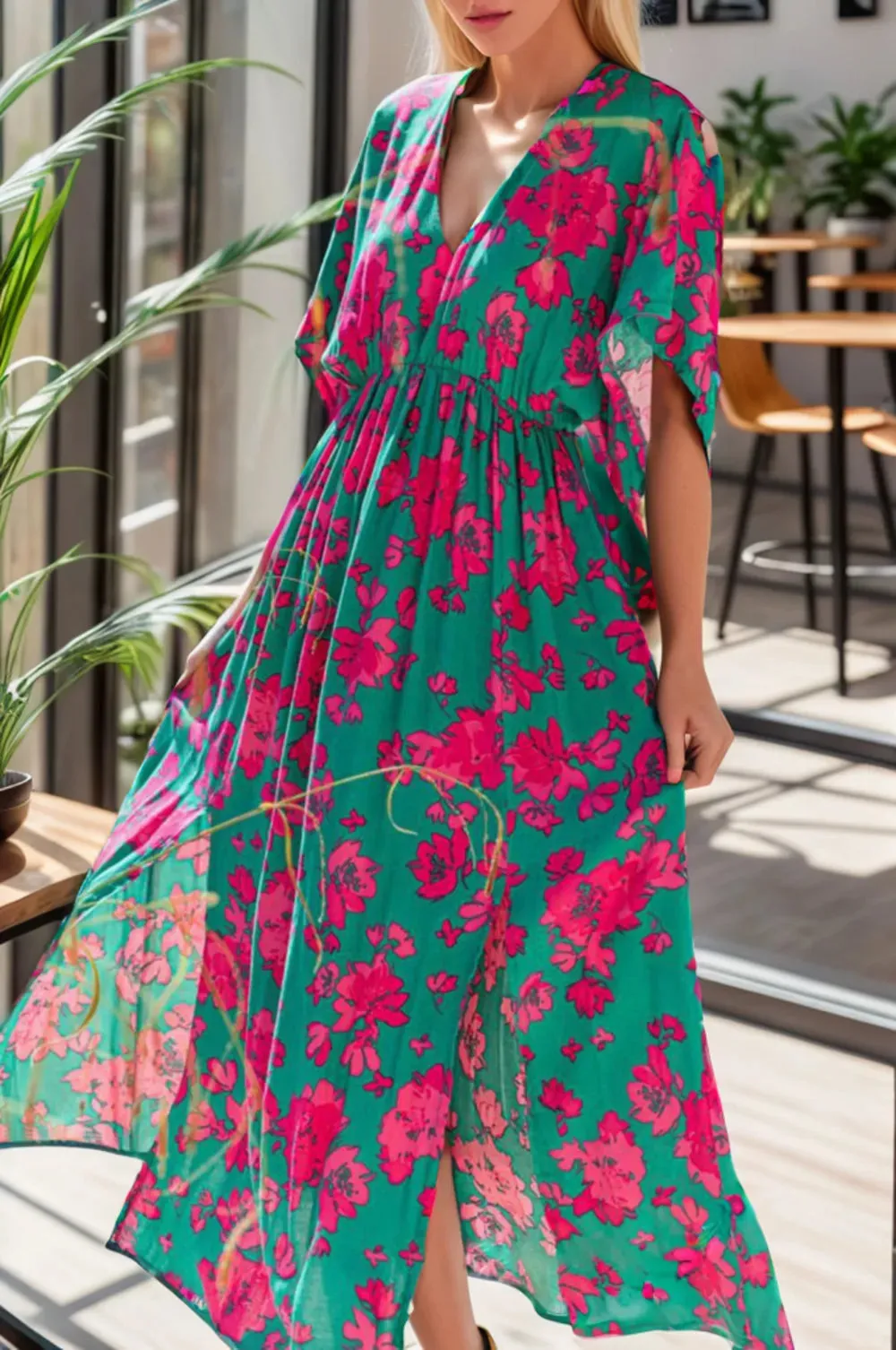 Printed V-Neck Midi Slit Dress sold by Gigi Laurent