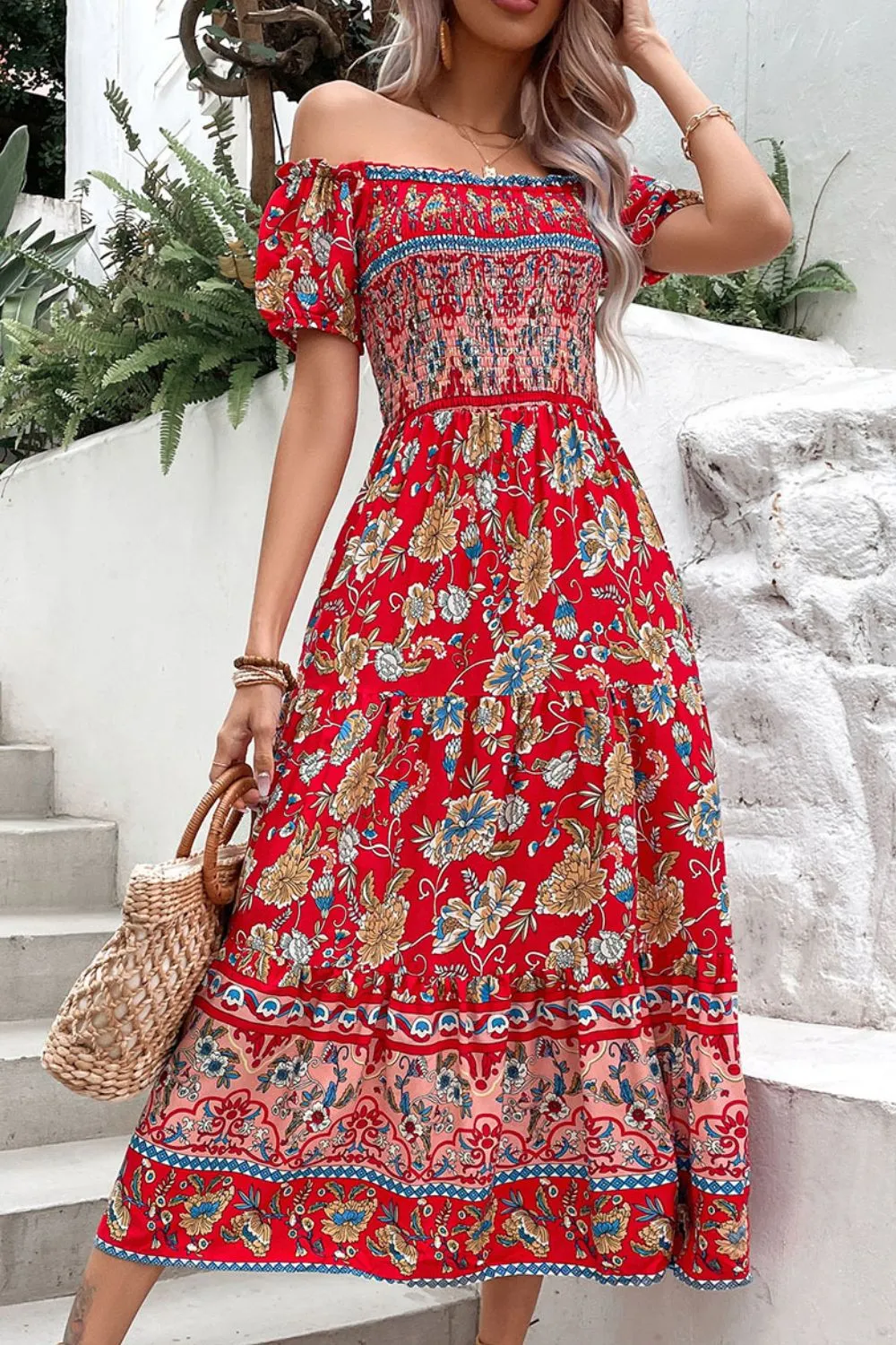 Perfee Floral Off-Shoulder Smocked Midi Dress sold by Gigi Laurent
