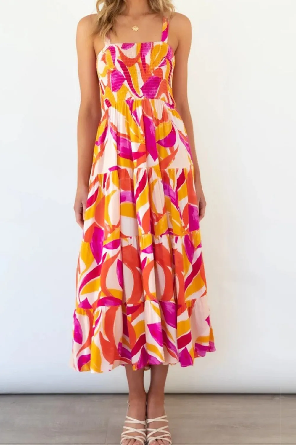 Printed Smocked Square Neck Tiered Sleeveless Dress sold by Gigi Laurent product image thumbnail 4