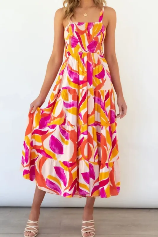 Printed Smocked Square Neck Tiered Sleeveless Dress sold by Gigi Laurent