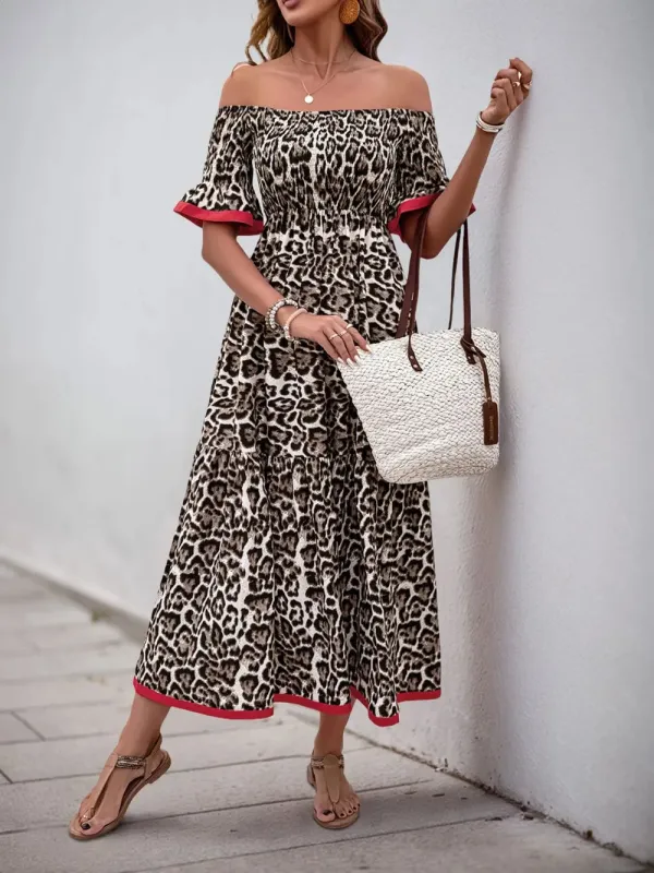 Perfee Leopard Off-Shoulder Flounce Sleeve Midi Dress sold by Gigi Laurent