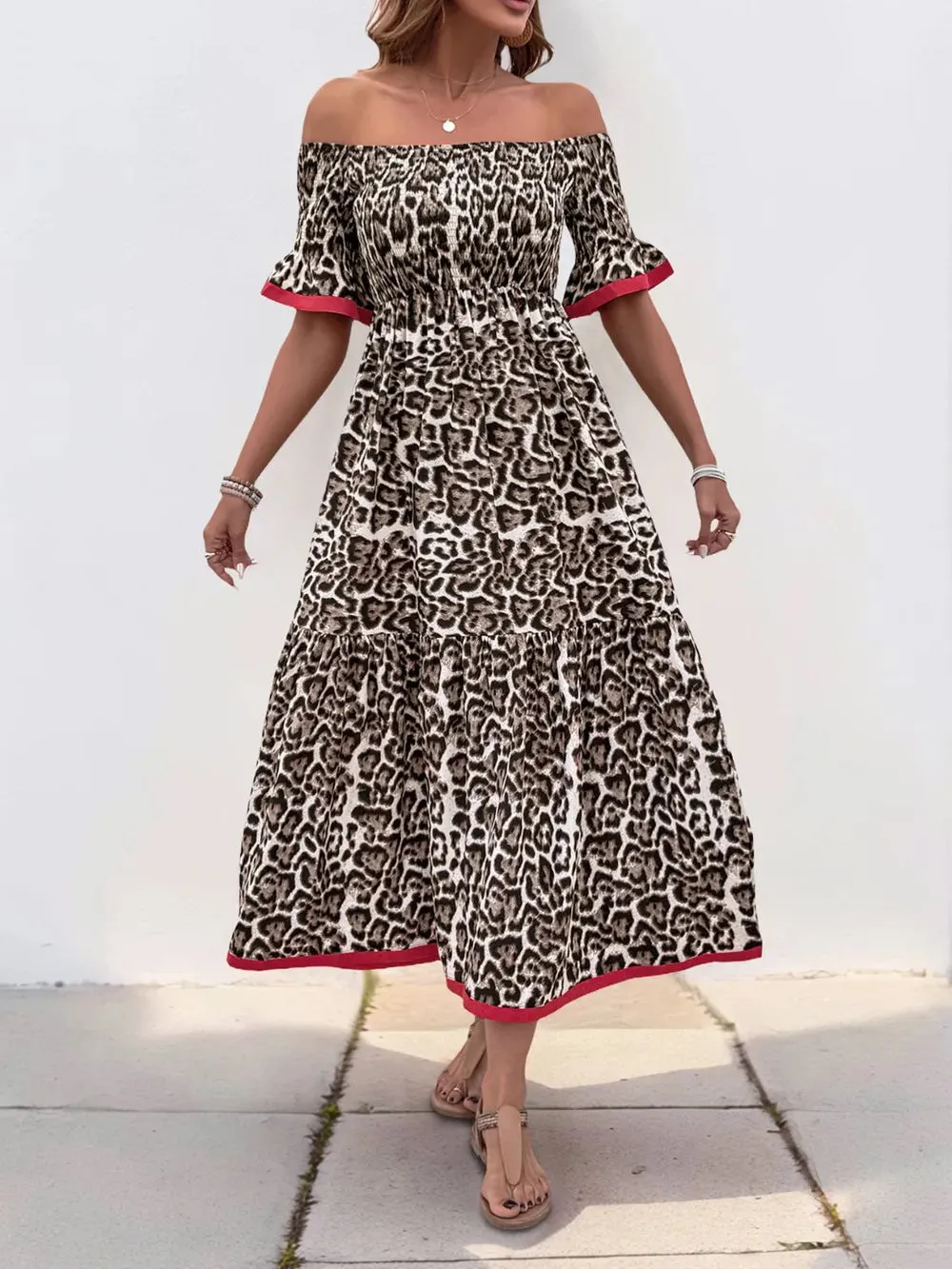 Perfee Leopard Off-Shoulder Flounce Sleeve Midi Dress sold by Gigi Laurent product image thumbnail 2