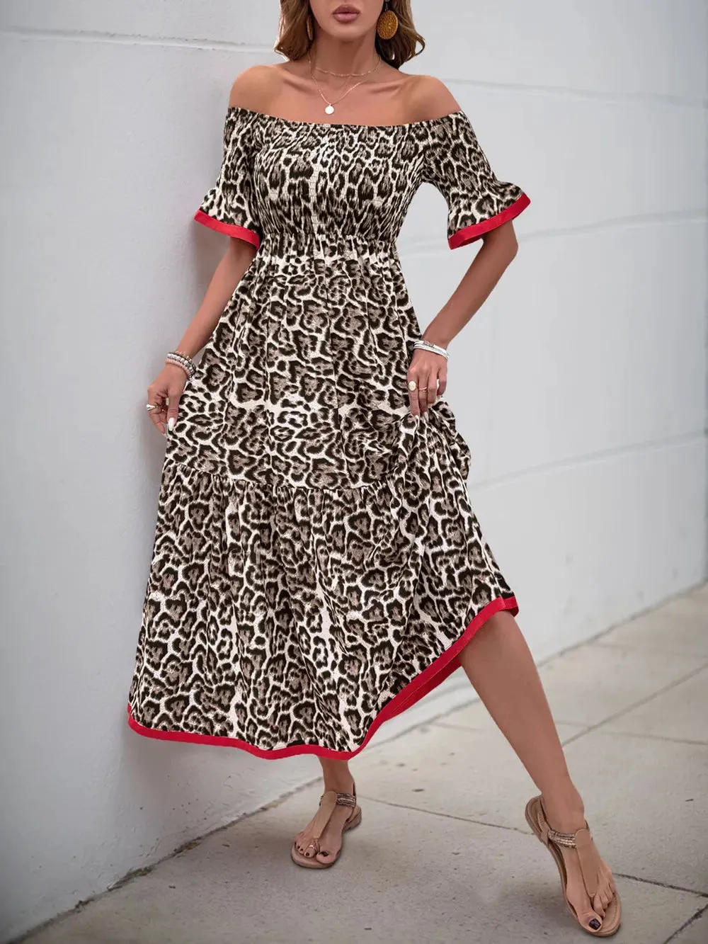 Perfee Leopard Off-Shoulder Flounce Sleeve Midi Dress sold by Gigi Laurent product image thumbnail 4