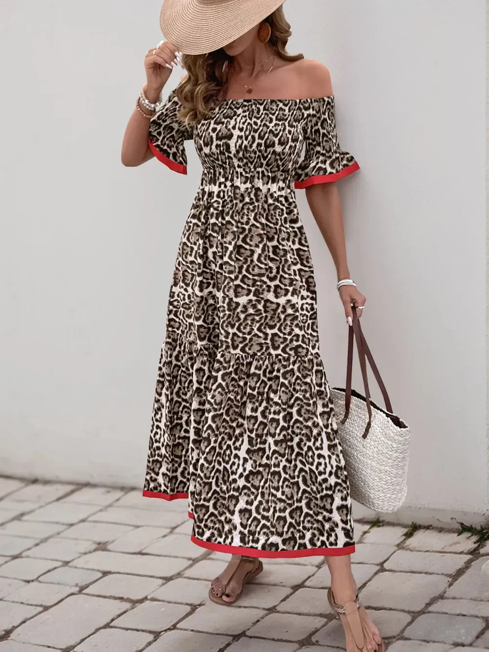 Perfee Leopard Off-Shoulder Flounce Sleeve Midi Dress sold by Gigi Laurent product image thumbnail 5