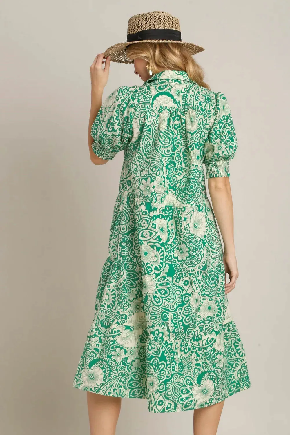 Umgee Full Size Printed Smocked Cuff Puff Sleeve Midi Dress Plus Size sold by Gigi Laurent product image thumbnail 2