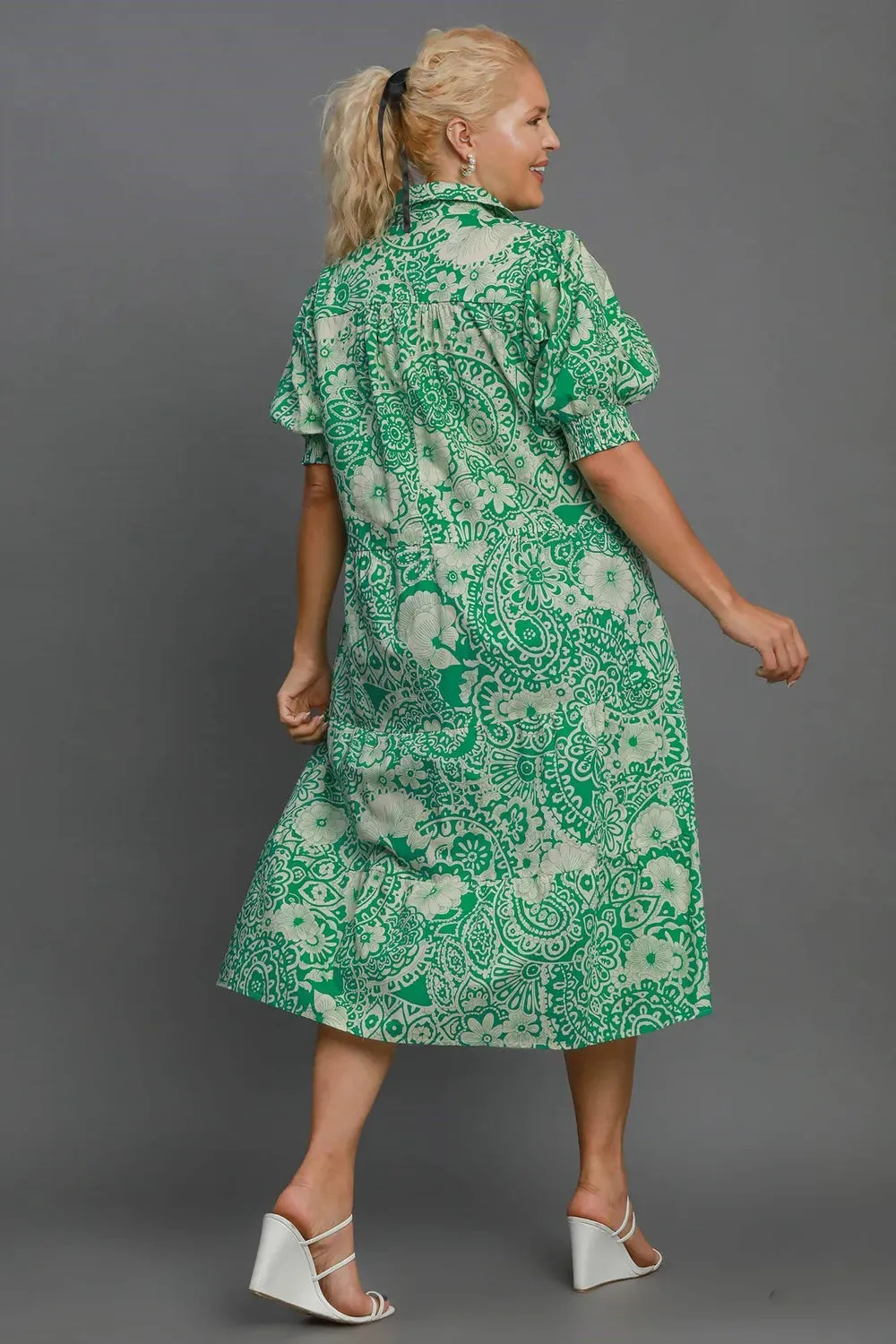 Umgee Full Size Printed Smocked Cuff Puff Sleeve Midi Dress Plus Size sold by Gigi Laurent product image thumbnail 4