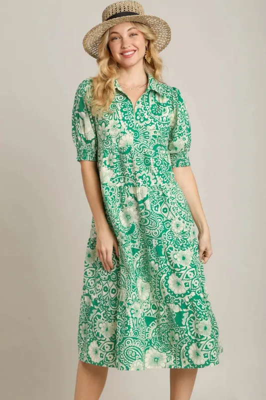 Umgee Full Size Printed Smocked Cuff Puff Sleeve Midi Dress Plus Size sold by Gigi Laurent