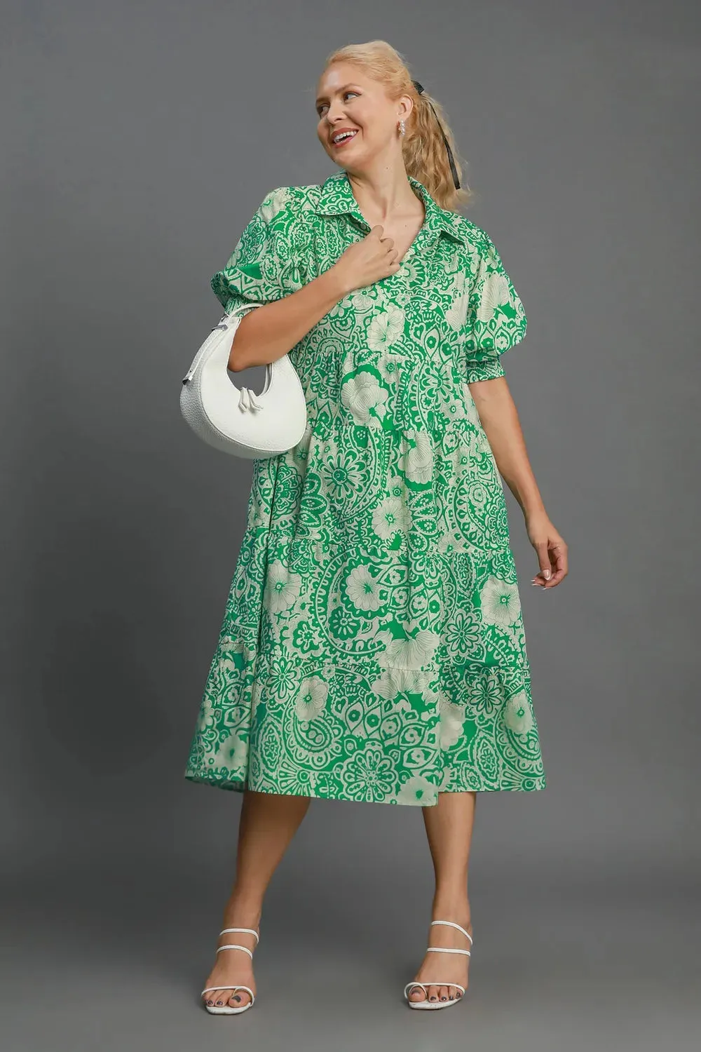 Umgee Full Size Printed Smocked Cuff Puff Sleeve Midi Dress Plus Size sold by Gigi Laurent product image thumbnail 3