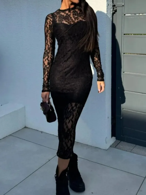 Lace Round Neck Long Sleeve Midi Dress made by Trendsi