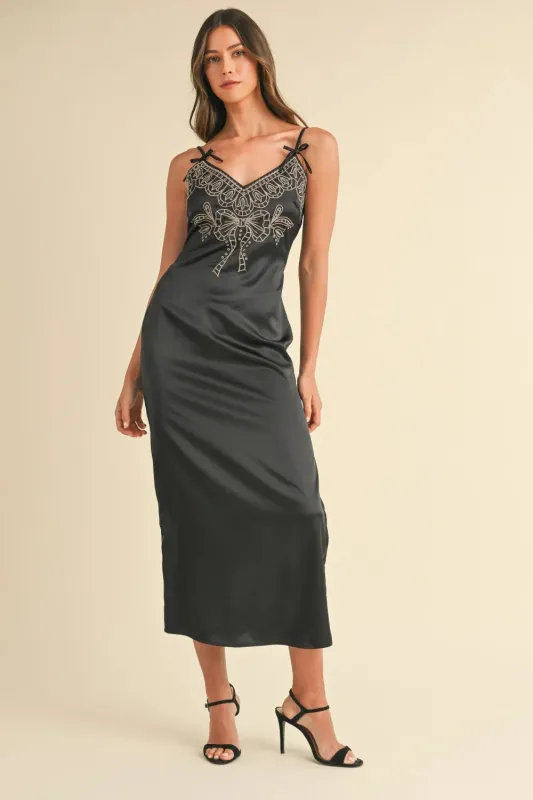 Mable Embroidered Cami Satin Midi Slit Dress sold by Gigi Laurent