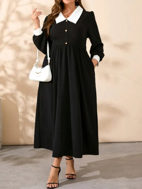 Plus Size Contrast Collared Neck Long Sleeve Midi Dress sold by Gigi Laurent