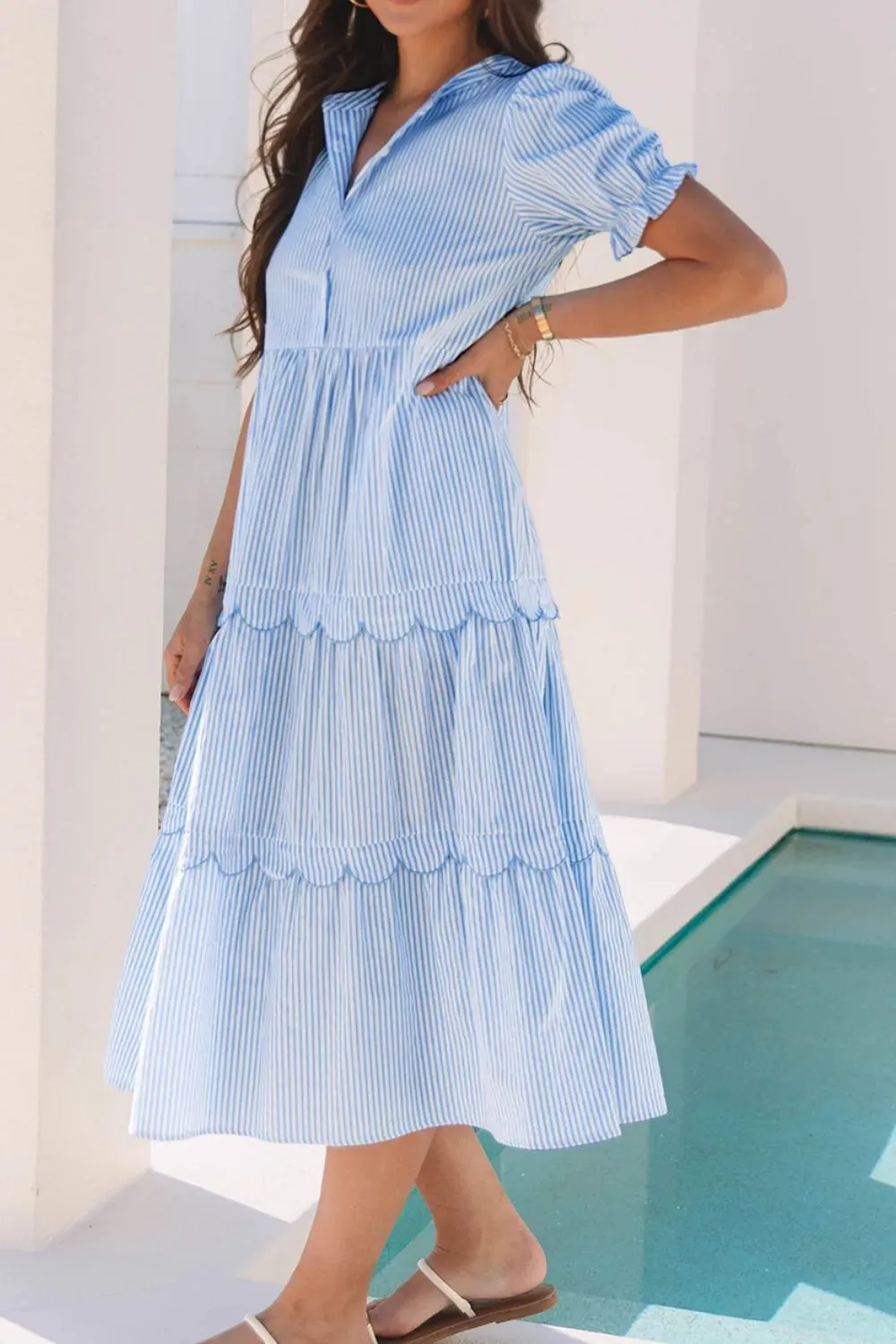 Stripe Bubble Short Sleeve Tiered Scallop Midi Dress sold by Gigi Laurent product image thumbnail 4