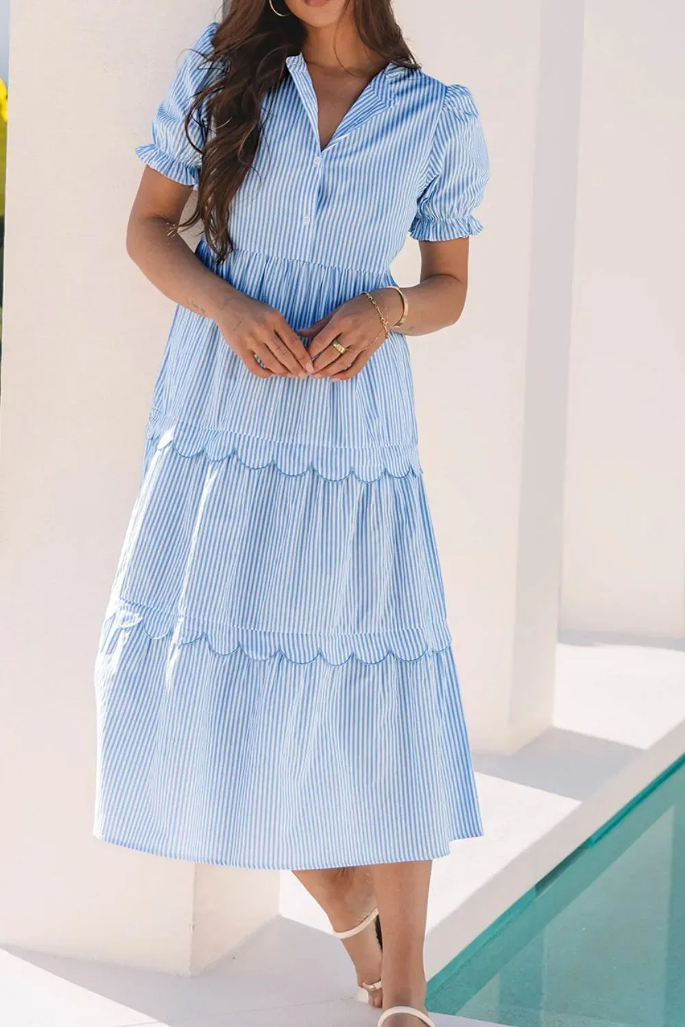 Stripe Bubble Short Sleeve Tiered Scallop Midi Dress sold by Gigi Laurent product image thumbnail 3