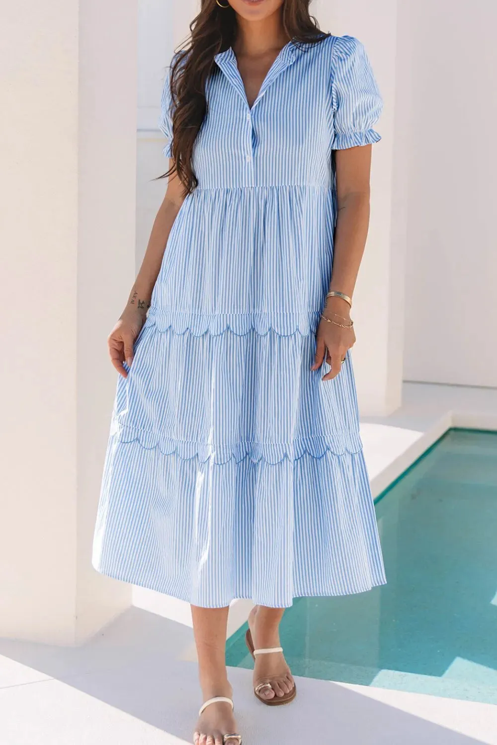 Stripe Bubble Short Sleeve Tiered Scallop Midi Dress sold by Gigi Laurent