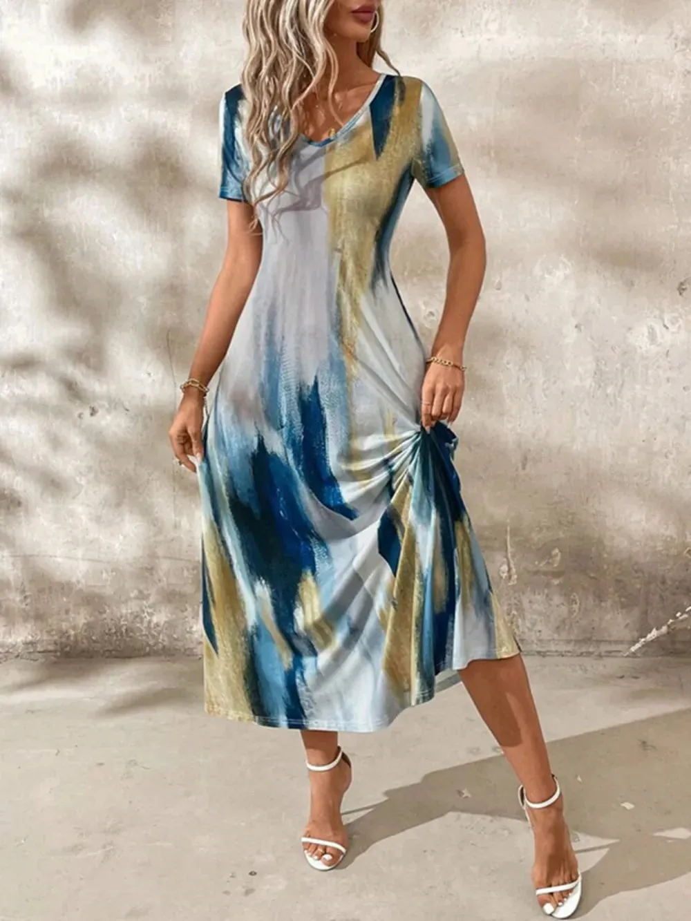 Tie-Dye V-Neck Short Sleeve Midi Tee Dress sold by Gigi Laurent product image thumbnail 2