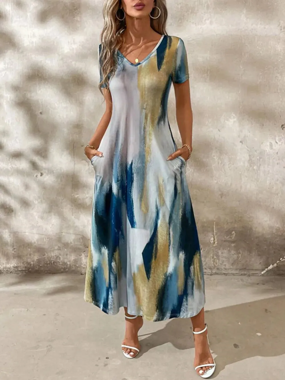 Tie-Dye V-Neck Short Sleeve Midi Tee Dress sold by Gigi Laurent product image thumbnail 5