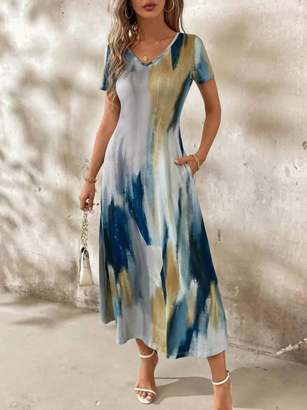 Tie-Dye V-Neck Short Sleeve Midi Tee Dress sold by Gigi Laurent
