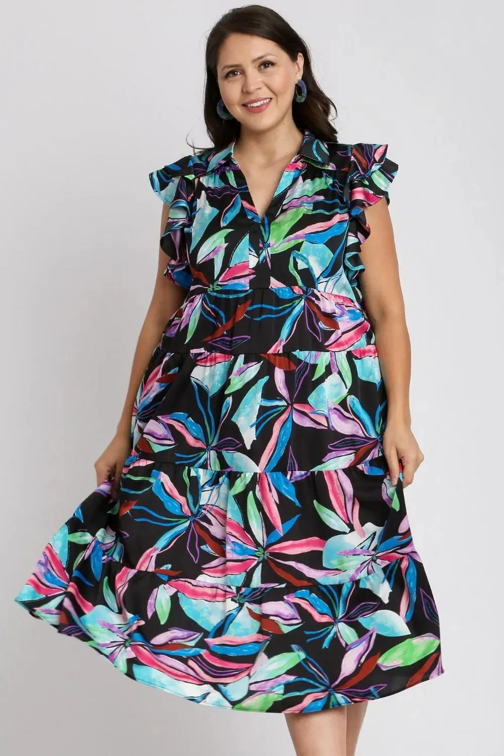 Umgee Full Size Leaf Print Double Layered Ruffle Sleeve Tiered Midi Dress Plus Size sold by Gigi Laurent product image thumbnail 5