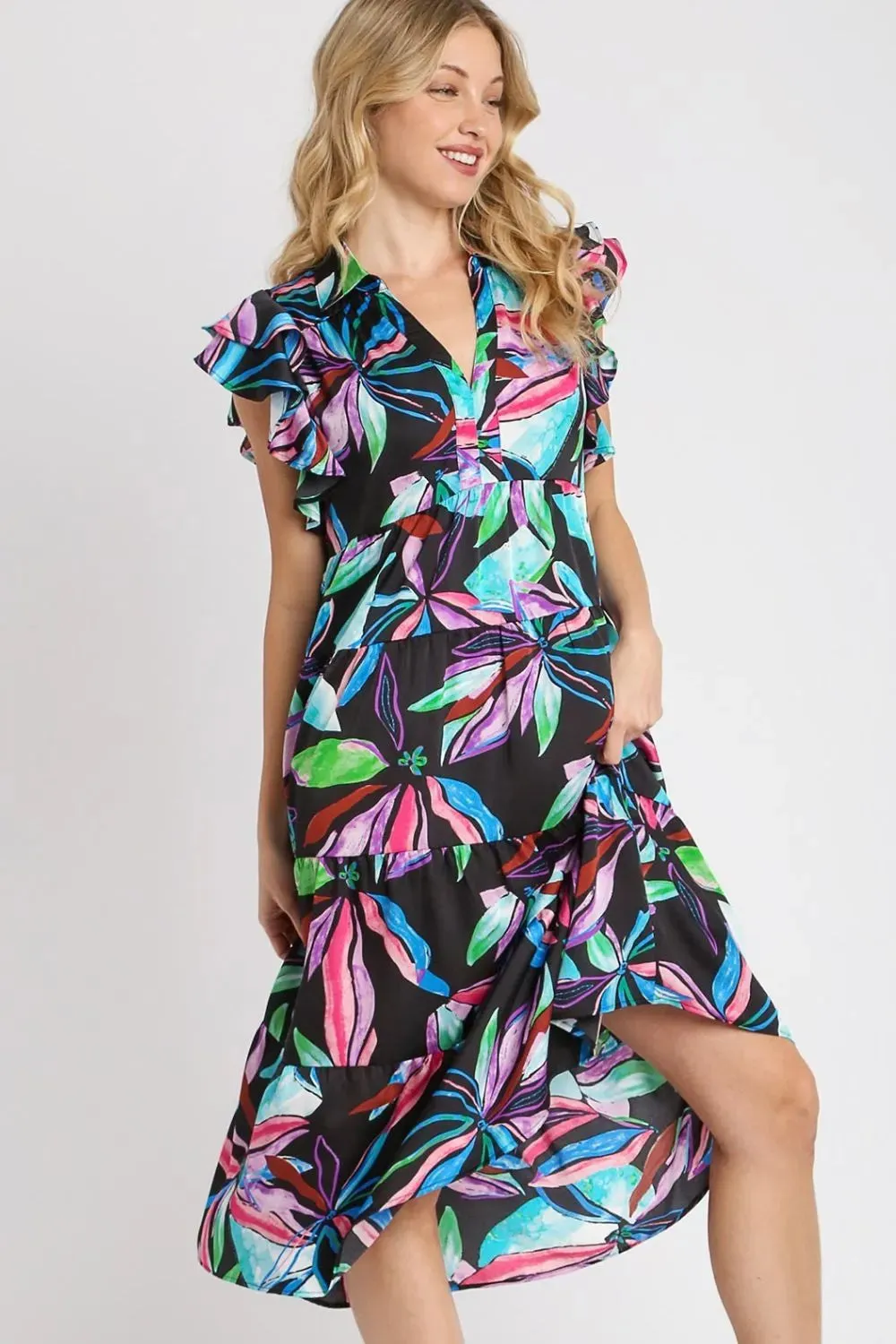 Umgee Full Size Leaf Print Double Layered Ruffle Sleeve Tiered Midi Dress Plus Size sold by Gigi Laurent product image thumbnail 3