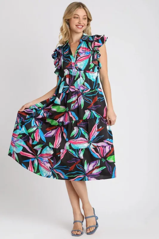 Umgee Full Size Leaf Print Double Layered Ruffle Sleeve Tiered Midi Dress Plus Size sold by Gigi Laurent