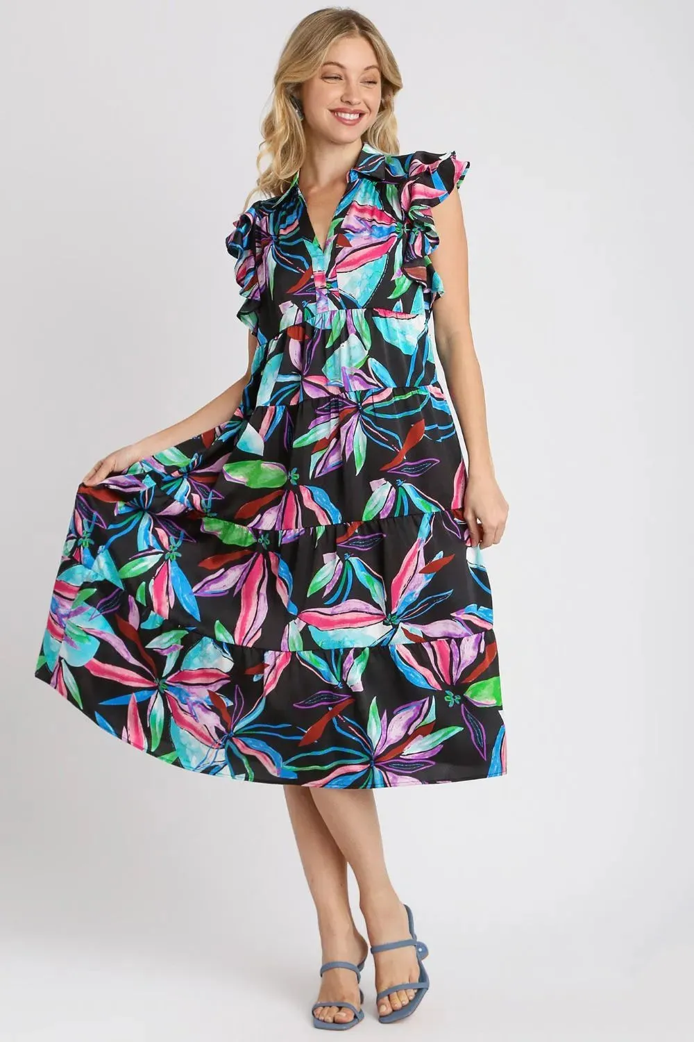 Umgee Full Size Leaf Print Double Layered Ruffle Sleeve Tiered Midi Dress Plus Size sold by Gigi Laurent