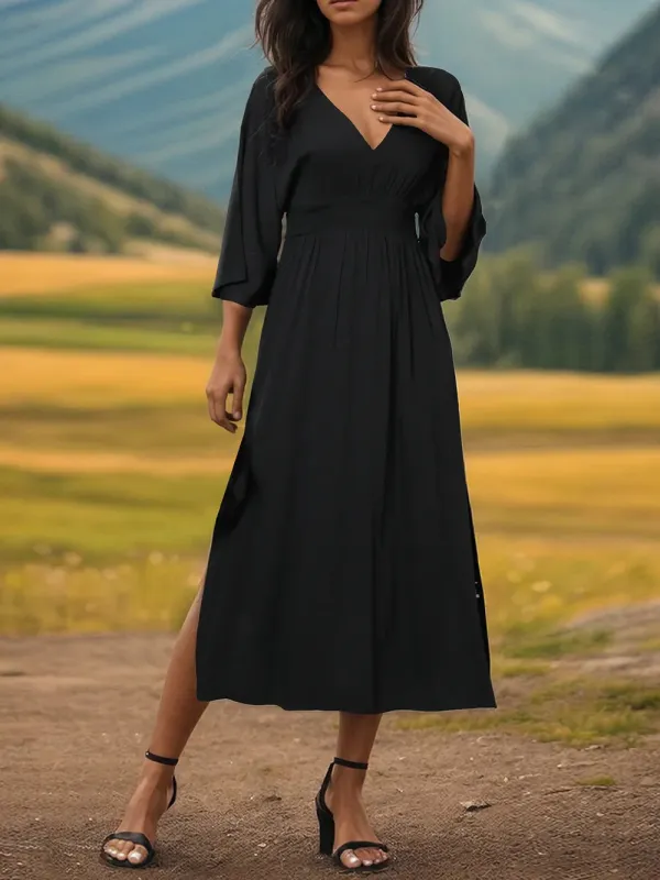 Perfee Slit V-Neck Long Sleeve Midi Dress sold by Gigi Laurent