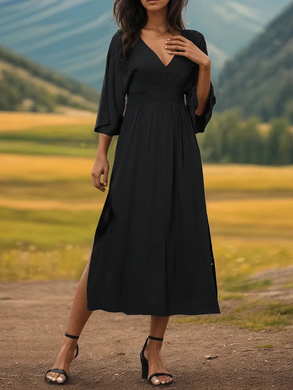 Perfee Slit V-Neck Long Sleeve Midi Dress sold by Gigi Laurent