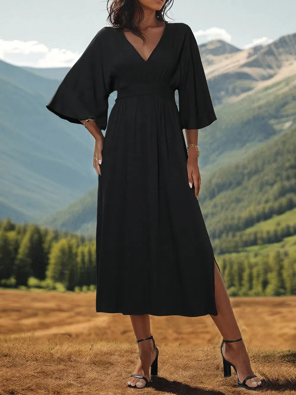 Perfee Slit V-Neck Long Sleeve Midi Dress sold by Gigi Laurent product image thumbnail 3