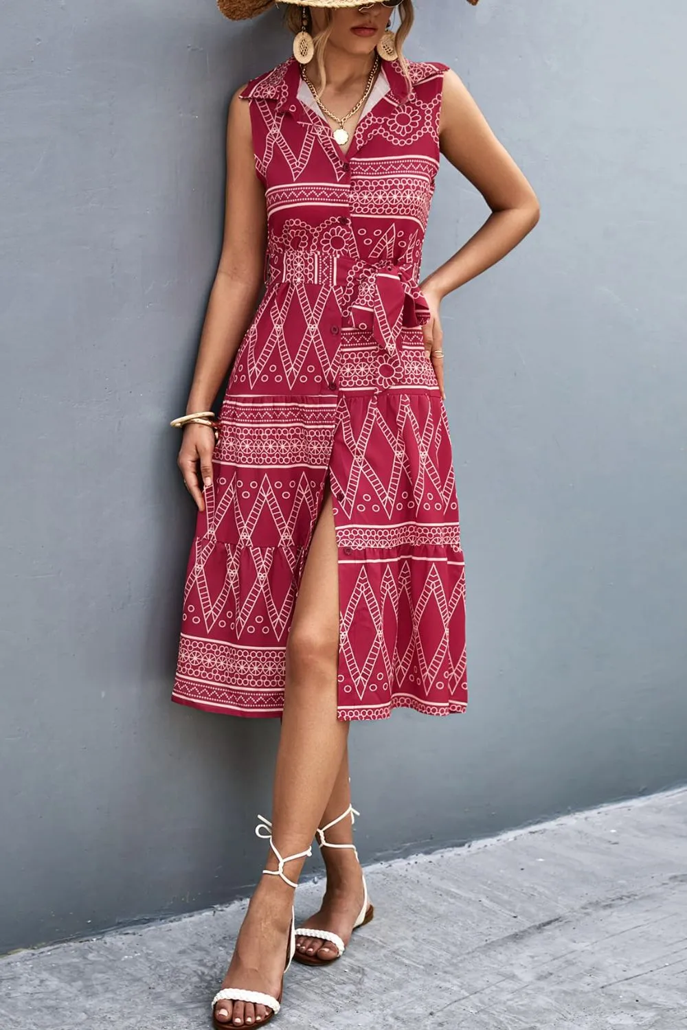 Printed Button Front Tie-Waist Sleeveless Collared Dress sold by Gigi Laurent product image thumbnail 5