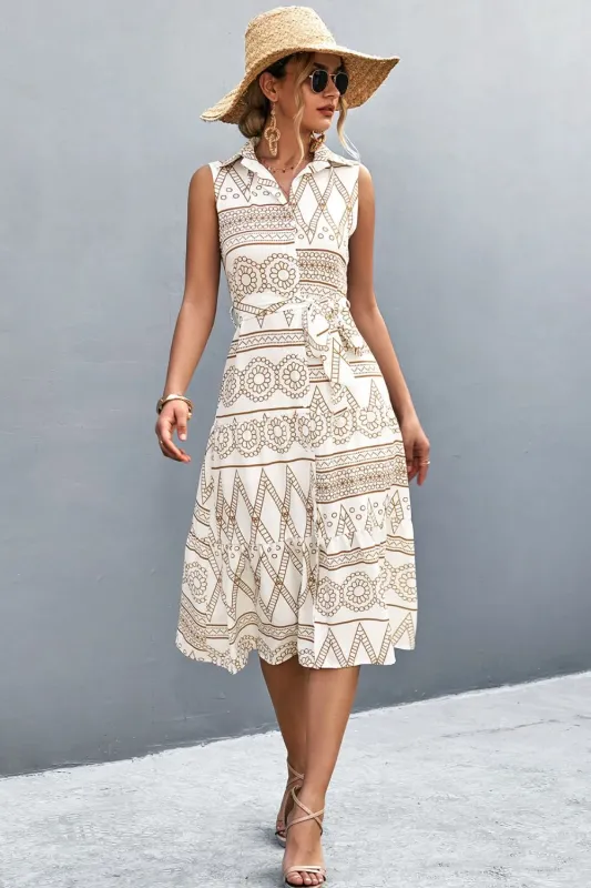 Printed Button Front Tie-Waist Sleeveless Collared Dress made by Trendsi