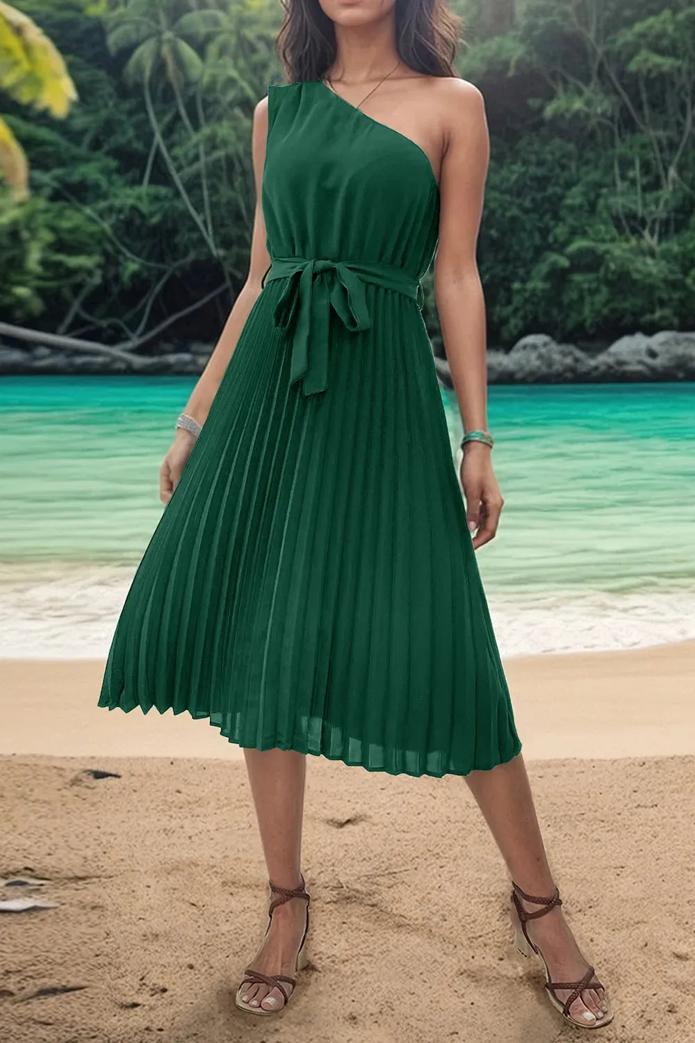 Perfee Pleated Single Shoulder Tie Waist Midi Dress sold by Gigi Laurent