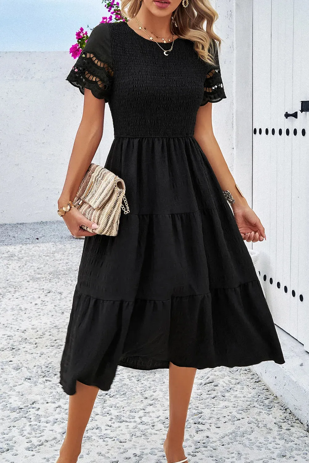 Devine Smocked Round Neck Short Sleeve Midi Dress sold by Gigi Laurent product image thumbnail 3