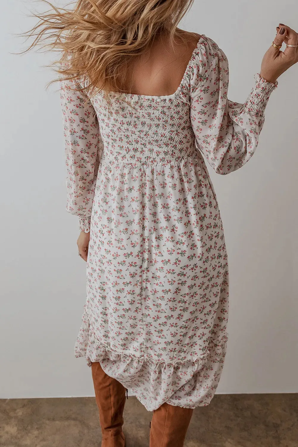Smocked Floral Square Neck Long Sleeve Midi Dress sold by Gigi Laurent product image thumbnail 3