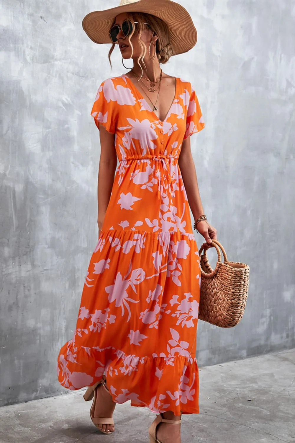 Floral Buttoned Drawstring Waist Tiered Dress sold by Gigi Laurent product image thumbnail 3