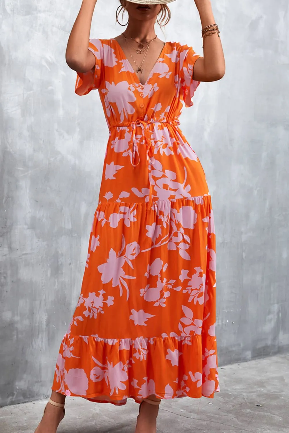 Floral Buttoned Drawstring Waist Tiered Dress sold by Gigi Laurent