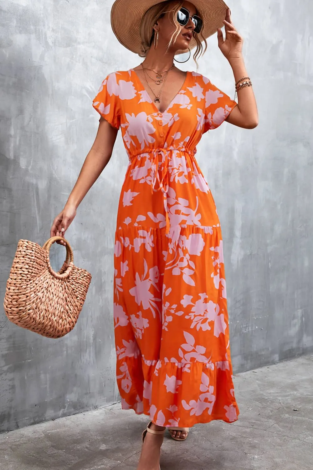 Floral Buttoned Drawstring Waist Tiered Dress sold by Gigi Laurent product image thumbnail 5