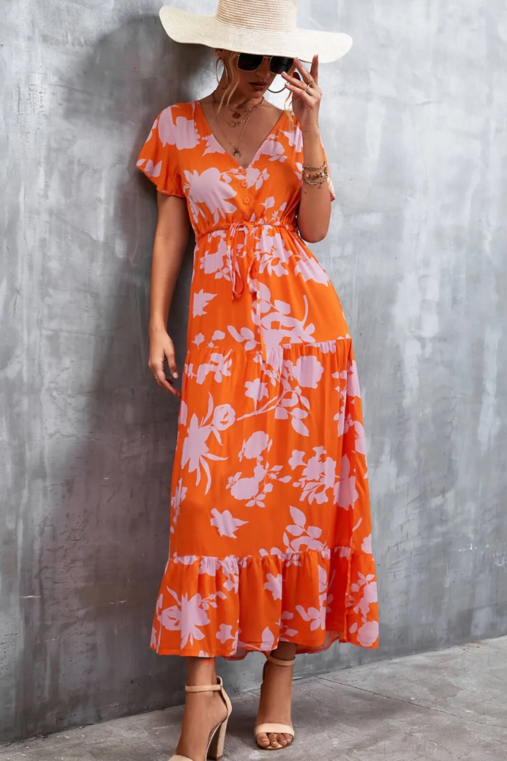 Floral Buttoned Drawstring Waist Tiered Dress sold by Gigi Laurent product image thumbnail 4