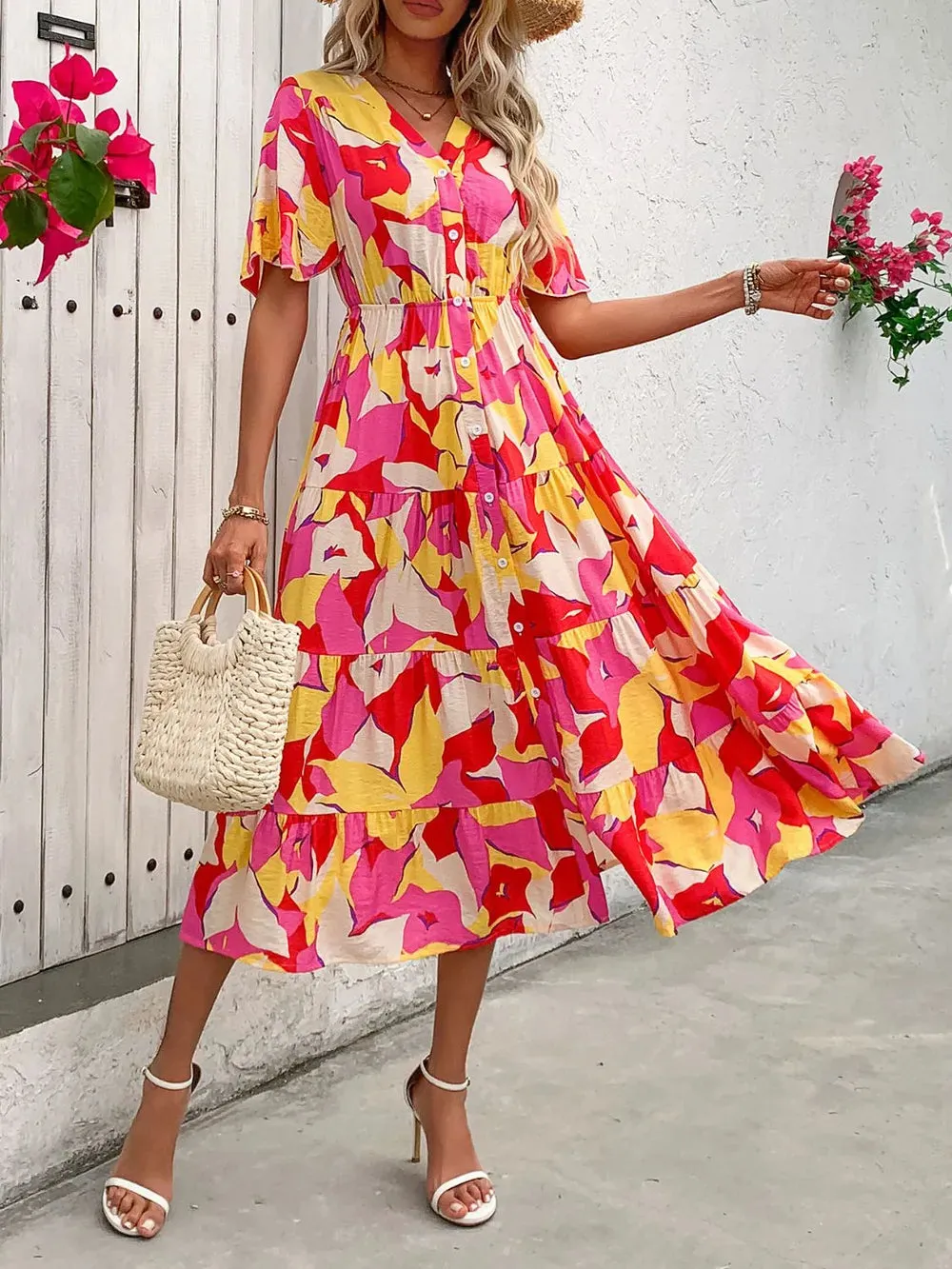 Perfee Printed V-Neck Flutter Sleeve Midi Dress sold by Gigi Laurent product image thumbnail 5