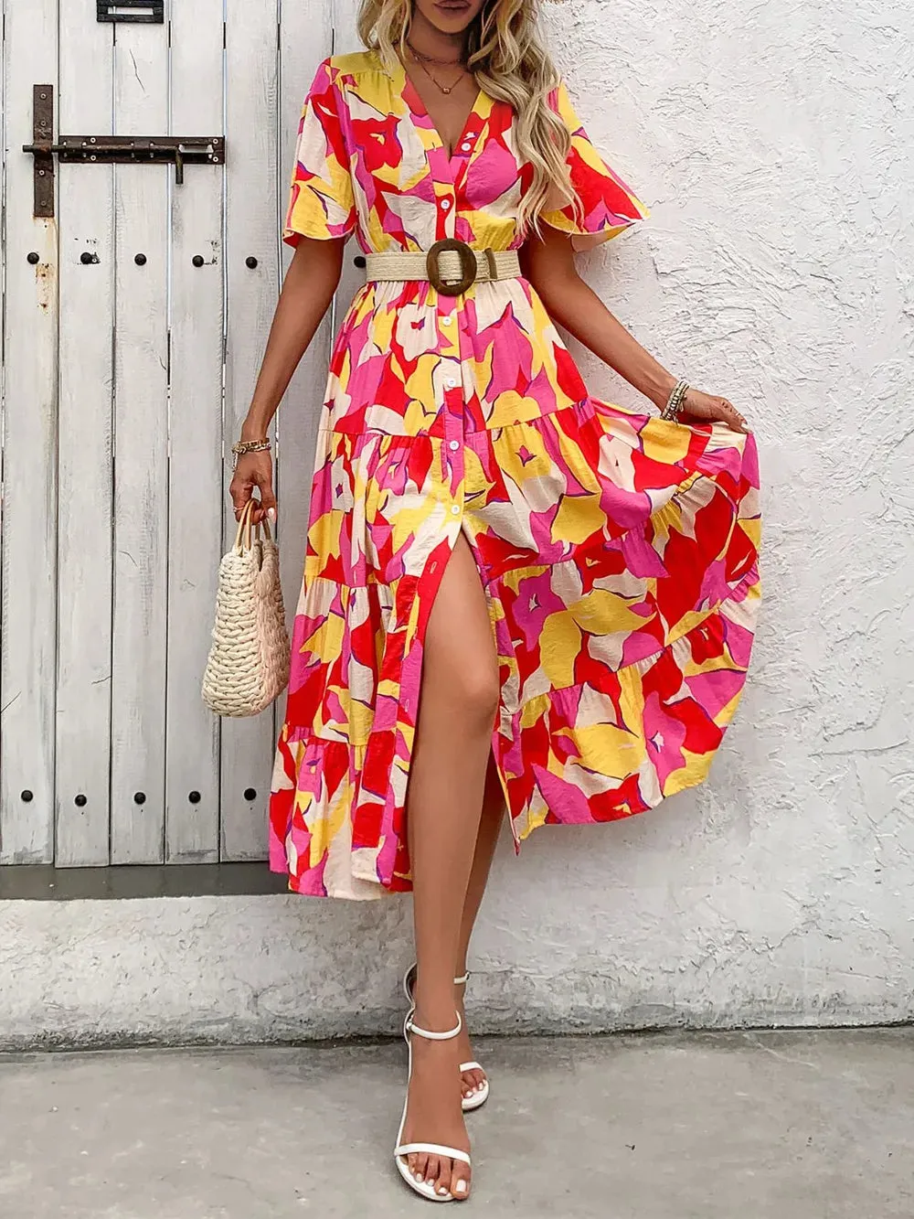 Perfee Printed V-Neck Flutter Sleeve Midi Dress sold by Gigi Laurent product image thumbnail 3