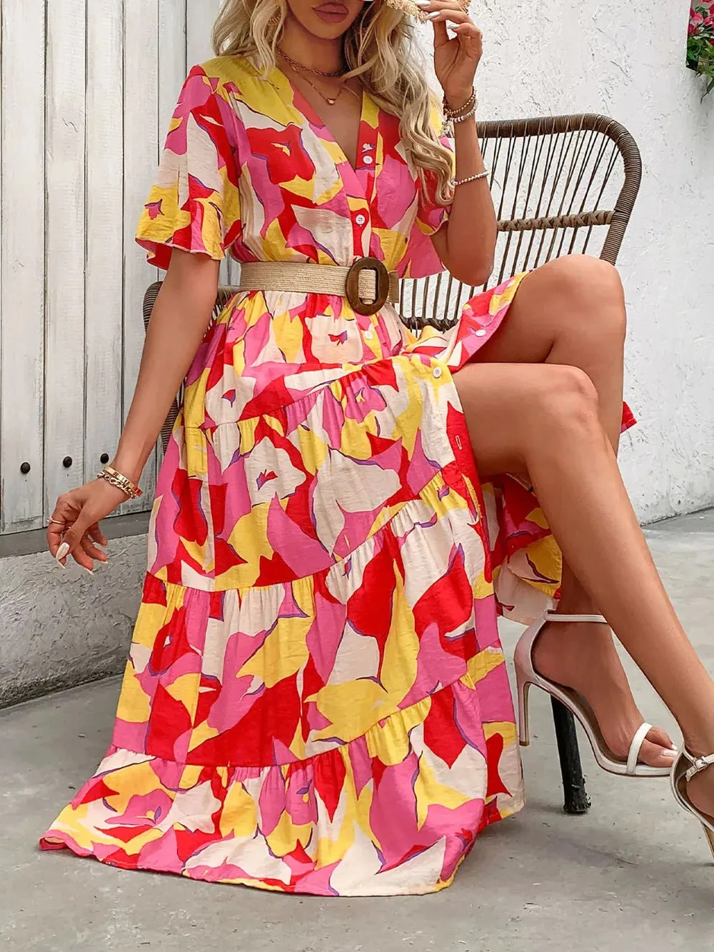 Perfee Printed V-Neck Flutter Sleeve Midi Dress sold by Gigi Laurent product image thumbnail 4