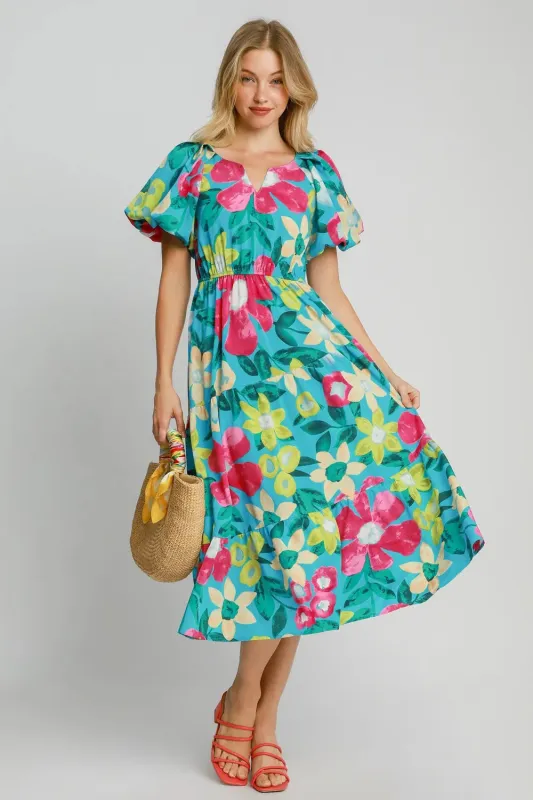 Umgee Full Size Tiered Floral Print Notched Puff Sleeve Midi Dress Plus Size sold by Gigi Laurent
