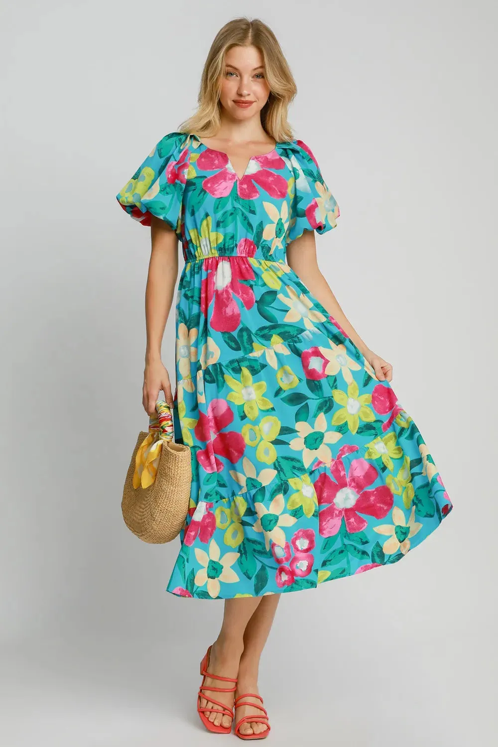 Umgee Full Size Tiered Floral Print Notched Puff Sleeve Midi Dress Plus Size sold by Gigi Laurent