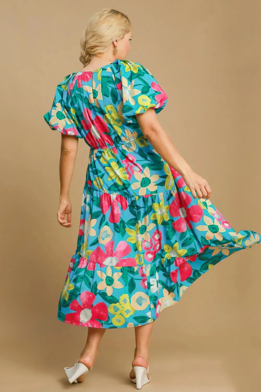 Umgee Full Size Tiered Floral Print Notched Puff Sleeve Midi Dress Plus Size sold by Gigi Laurent product image thumbnail 5