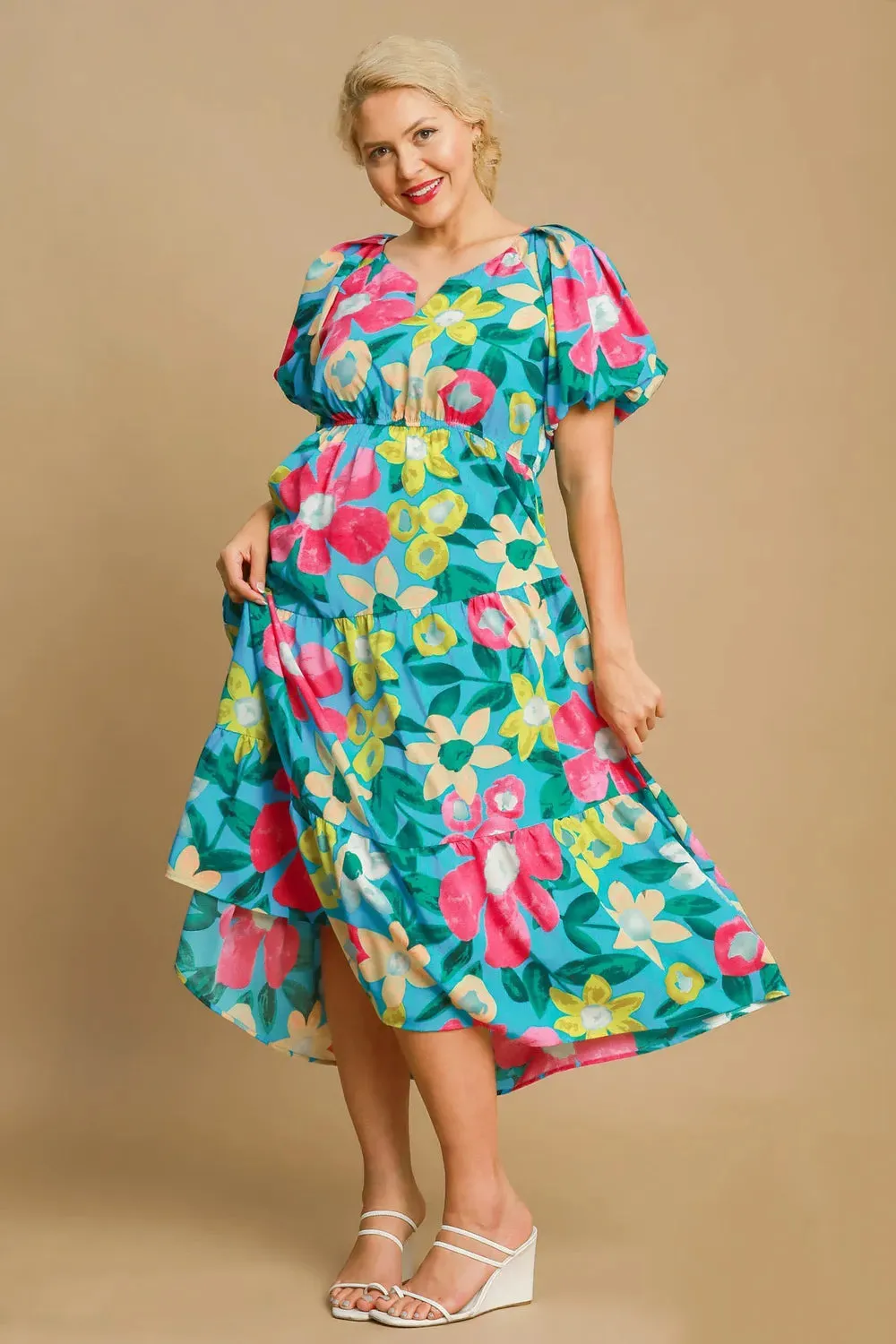Umgee Full Size Tiered Floral Print Notched Puff Sleeve Midi Dress Plus Size sold by Gigi Laurent product image thumbnail 4