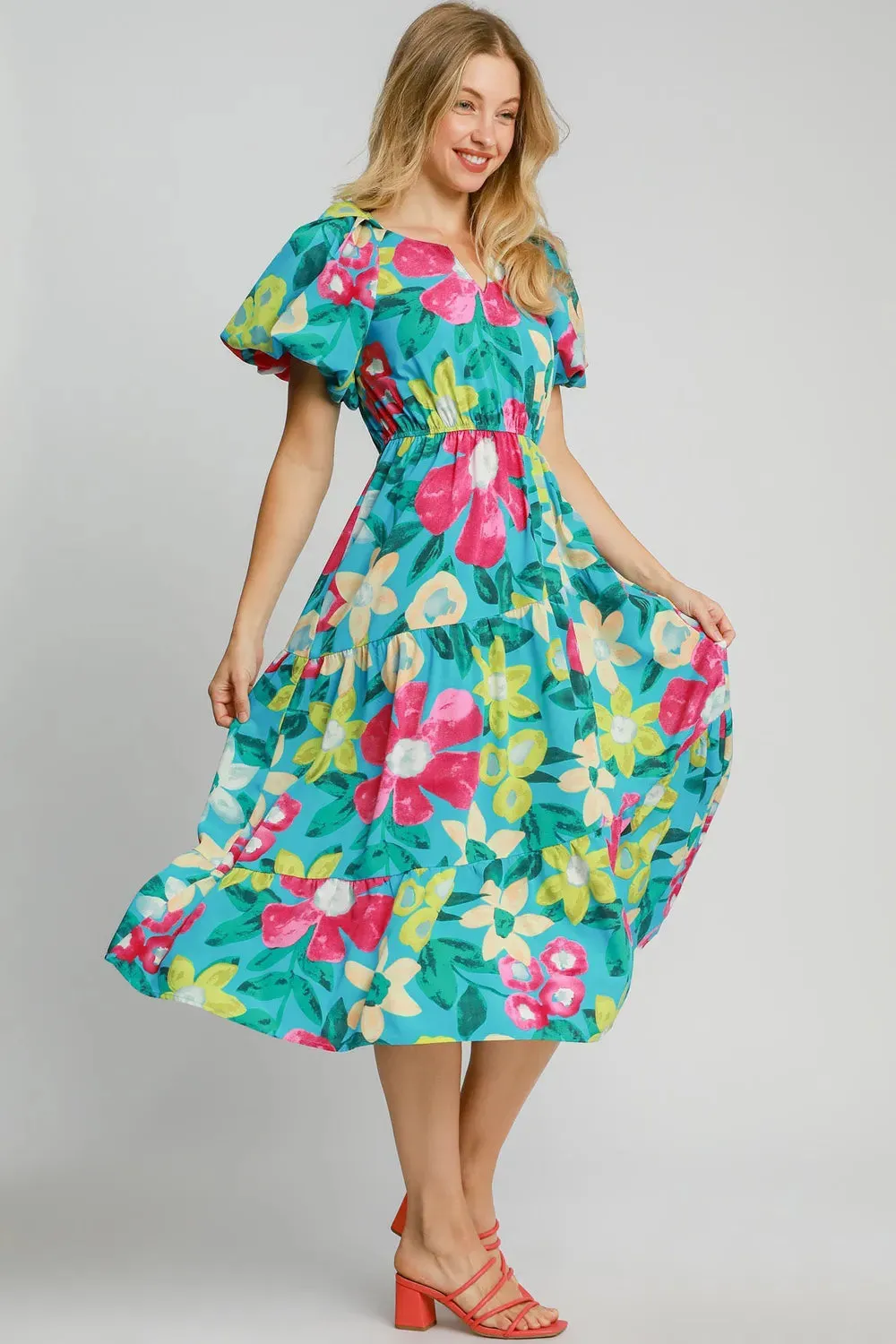 Umgee Full Size Tiered Floral Print Notched Puff Sleeve Midi Dress Plus Size sold by Gigi Laurent product image thumbnail 3