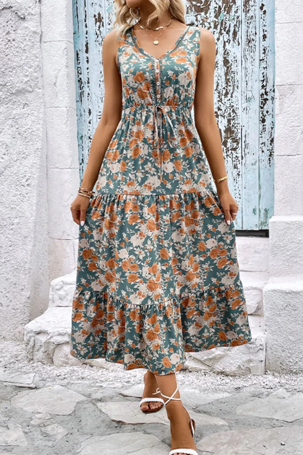 Perfee Floral V-Neck Tiered Sleeveless Dress sold by Gigi Laurent product image thumbnail 4