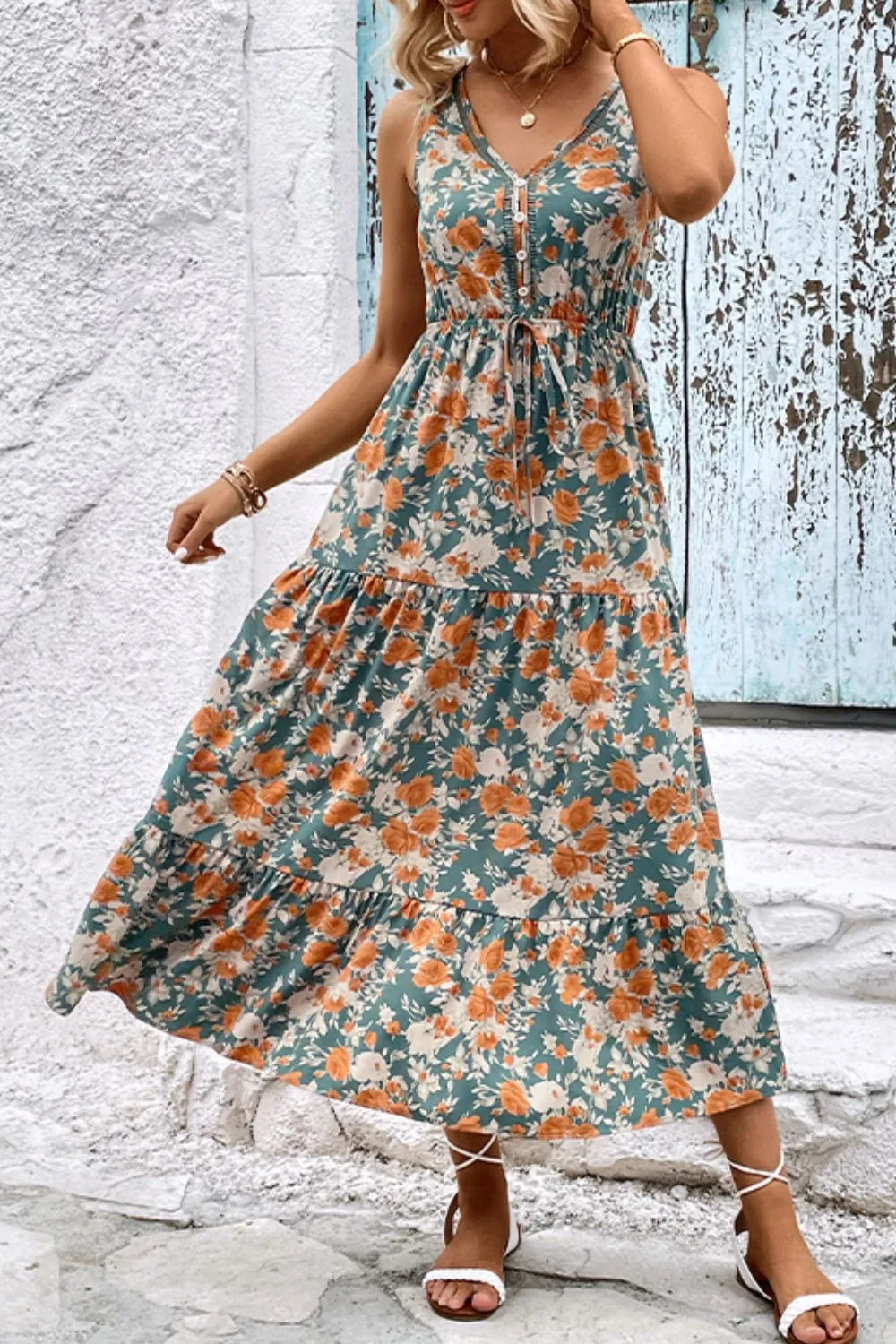 Perfee Floral V-Neck Tiered Sleeveless Dress sold by Gigi Laurent